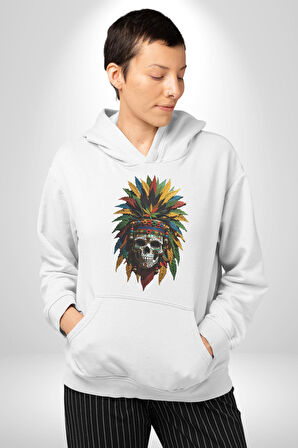 Kurukafa İskelet  Kızılderili Tüy Kartal Şefi Kadın Erkek  Beyaz Kapüşonlu Sweatshirt Hoodie