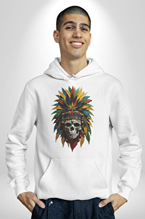 Kurukafa İskelet  Kızılderili Tüy Kartal Şefi Kadın Erkek  Beyaz Kapüşonlu Sweatshirt Hoodie