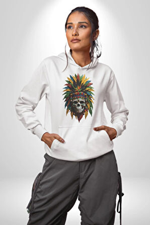Kurukafa İskelet  Kızılderili Tüy Kartal Şefi Kadın Erkek  Beyaz Kapüşonlu Sweatshirt Hoodie