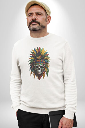 Kurukafa İskelet  Kızılderili Tüy Kartal Şefi Kadın Erkek  Beyaz Baskılı Sweatshirt 
