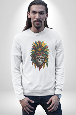 Kurukafa İskelet  Kızılderili Tüy Kartal Şefi Kadın Erkek  Beyaz Baskılı Sweatshirt 