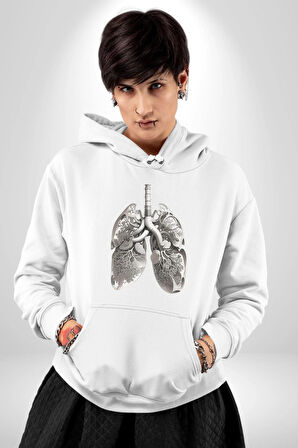 Porselen Akciğer Çiçekler Açmış Kadın Erkek  Beyaz Kapüşonlu Sweatshirt Hoodie