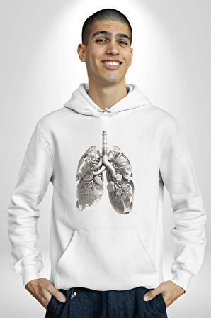 Porselen Akciğer Çiçekler Açmış Kadın Erkek  Beyaz Kapüşonlu Sweatshirt Hoodie