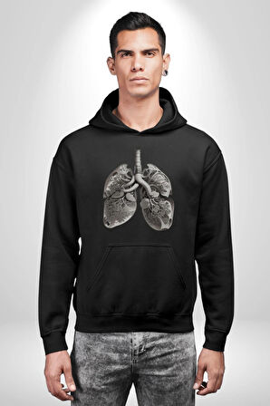 Porselen Akciğer Çiçekler Açmış Kadın Erkek  Siyah Kapüşonlu Sweatshirt Hoodie