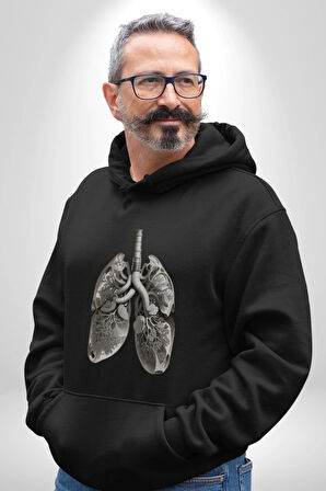 Porselen Akciğer Çiçekler Açmış Kadın Erkek  Siyah Kapüşonlu Sweatshirt Hoodie