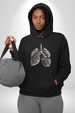 Porselen Akciğer Çiçekler Açmış Kadın Erkek  Siyah Kapüşonlu Sweatshirt Hoodie