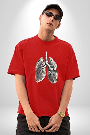 Porselen Akciğer Çiçekler Açmış Pamuklu Bisiklet Yaka Kadın Erkek Oversize Boyfriend Dijital Baskılı Kırmızı T-Shirt