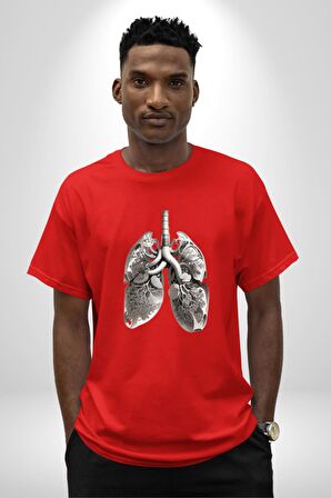 Porselen Akciğer Çiçekler Açmış Pamuklu Bisiklet Yaka Kadın Erkek Oversize Boyfriend Dijital Baskılı Kırmızı T-Shirt