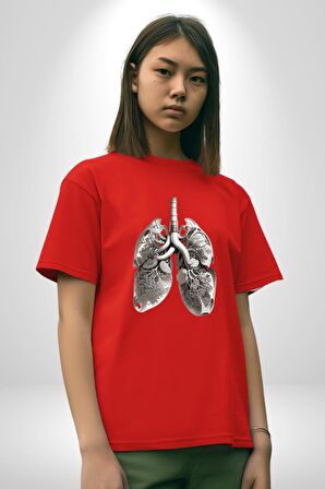 Porselen Akciğer Çiçekler Açmış Pamuklu Bisiklet Yaka Kadın Erkek Oversize Boyfriend Dijital Baskılı Kırmızı T-Shirt