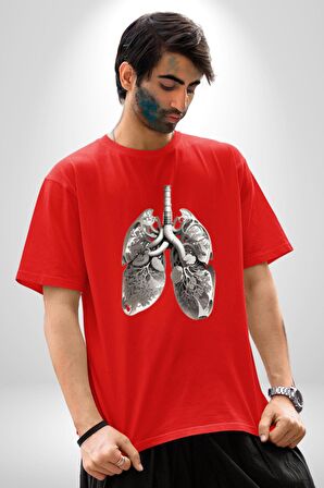 Porselen Akciğer Çiçekler Açmış Pamuklu Bisiklet Yaka Kadın Erkek Oversize Boyfriend Dijital Baskılı Kırmızı T-Shirt