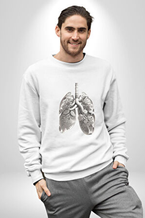 Porselen Akciğer Çiçekler Açmış Kadın Erkek  Beyaz Baskılı Sweatshirt 