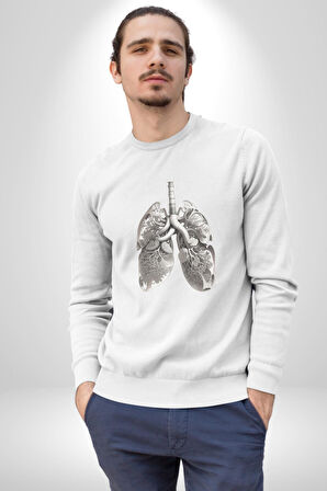 Porselen Akciğer Çiçekler Açmış Kadın Erkek  Beyaz Baskılı Sweatshirt 