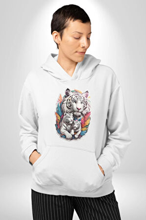 Beyaz Kaplan Ailesi Renkli Tüyler Kadın Erkek  Beyaz Kapüşonlu Sweatshirt Hoodie