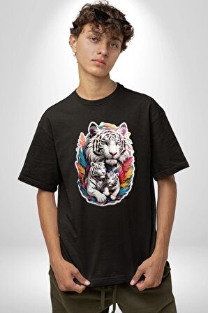 Beyaz Kaplan Ailesi Renkli Tüyler Pamuklu Bisiklet Yaka Kadın Erkek Oversize Boyfriend Dijital Baskılı Siyah T-shirt