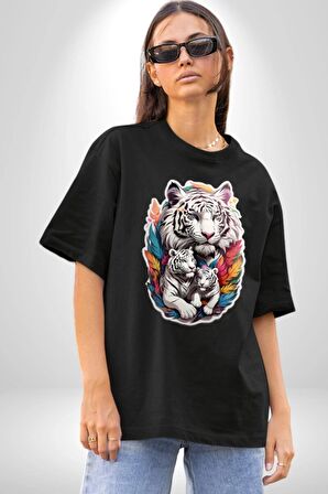 Beyaz Kaplan Ailesi Renkli Tüyler Pamuklu Bisiklet Yaka Kadın Erkek Oversize Boyfriend Dijital Baskılı Siyah T-shirt