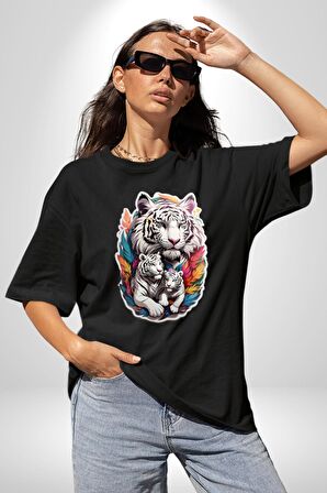Beyaz Kaplan Ailesi Renkli Tüyler Pamuklu Bisiklet Yaka Kadın Erkek Oversize Boyfriend Dijital Baskılı Siyah T-shirt