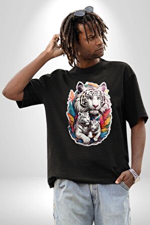 Beyaz Kaplan Ailesi Renkli Tüyler Pamuklu Bisiklet Yaka Kadın Erkek Oversize Boyfriend Dijital Baskılı Siyah T-shirt