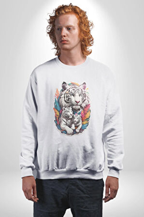 Beyaz Kaplan Ailesi Renkli Tüyler Kadın Erkek  Beyaz Baskılı Sweatshirt 