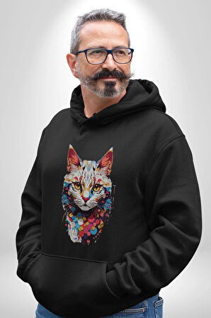 Renki Kedi Sarı Gözlü Tekir Kadın Erkek  Siyah Kapüşonlu Sweatshirt Hoodie