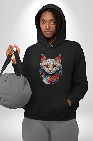 Renki Kedi Sarı Gözlü Tekir Kadın Erkek  Siyah Kapüşonlu Sweatshirt Hoodie