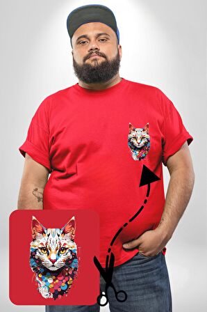 Renki Kedi Sarı Gözlü Tekir Kırmızı Büyük Beden Kadın Basic Minimal Baskılı Tişört