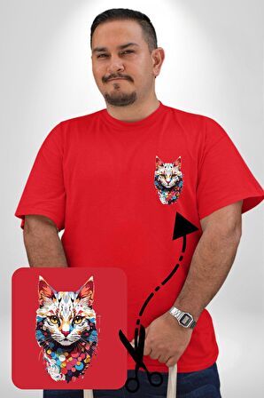 Renki Kedi Sarı Gözlü Tekir Kırmızı Büyük Beden Kadın Basic Minimal Baskılı Tişört
