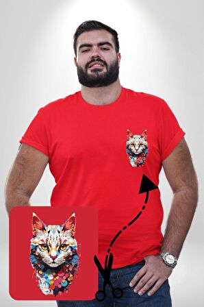 Renki Kedi Sarı Gözlü Tekir Kırmızı Büyük Beden Kadın Basic Minimal Baskılı Tişört