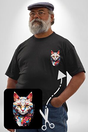 Renki Kedi Sarı Gözlü Tekir Siyah Büyük Beden Kadın Basic Minimal Baskılı Tişört