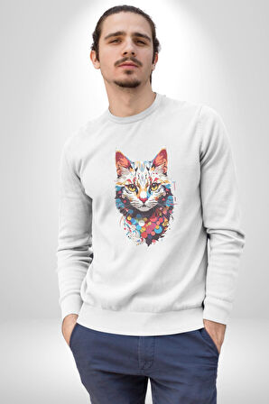 Renki Kedi Sarı Gözlü Tekir Kadın Erkek  Beyaz Baskılı Sweatshirt 