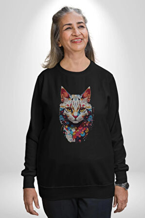Renki Kedi Sarı Gözlü Tekir Kadın Erkek  Siyah Baskılı Sweatshirt 