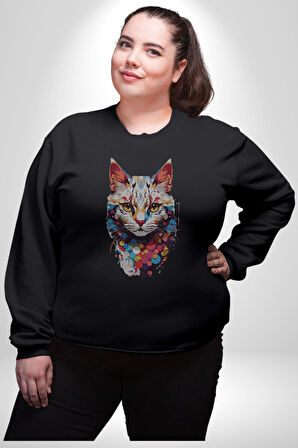 Renki Kedi Sarı Gözlü Tekir Kadın Erkek  Siyah Baskılı Sweatshirt 