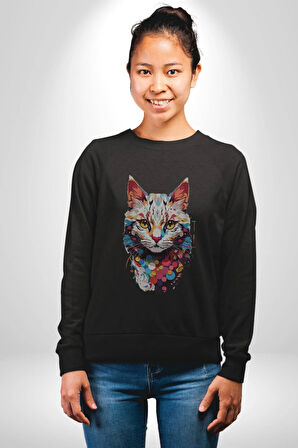 Renki Kedi Sarı Gözlü Tekir Kadın Erkek  Siyah Baskılı Sweatshirt 