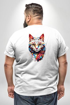 Renki Kedi Sarı Gözlü Tekir Büyük Beden Beyaz Tişört Kadın Erkek Ünisex Sırt Baskılı