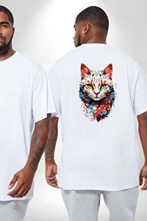 Renki Kedi Sarı Gözlü Tekir Büyük Beden Beyaz Tişört Kadın Erkek Ünisex Sırt Baskılı