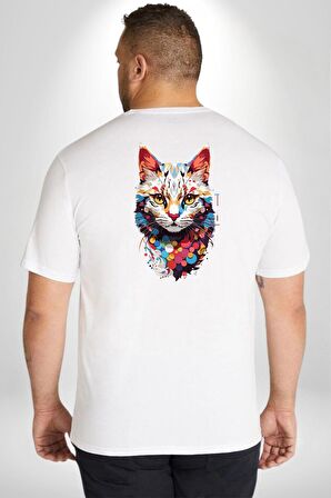 Renki Kedi Sarı Gözlü Tekir Büyük Beden Beyaz Tişört Kadın Erkek Ünisex Sırt Baskılı