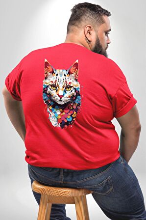 Renki Kedi Sarı Gözlü Tekir Büyük Beden Kırmızı Tişört Kadın Erkek Ünisex Sırt Baskılı