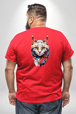 Renki Kedi Sarı Gözlü Tekir Büyük Beden Kırmızı Tişört Kadın Erkek Ünisex Sırt Baskılı