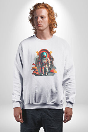 Astronot Yapay Zeka Yürüyüş Kadın Erkek  Beyaz Baskılı Sweatshirt 