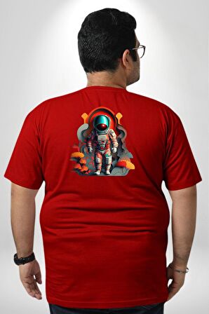 Astronot Yapay Zeka Yürüyüş Büyük Beden Kırmızı Tişört Kadın Erkek Ünisex Sırt Baskılı