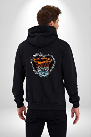 Basketbol Potası Bulutlu Siyah Kadın Erkek Siyah Renk Kapüşonlu Kanguru Cepli  Fermuarlı Pamuklu Oversize Dijital Baskılı Hırka Sweatshirt