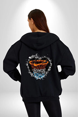 Basketbol Potası Bulutlu Siyah Kadın Erkek Siyah Renk Kapüşonlu Kanguru Cepli  Fermuarlı Pamuklu Oversize Dijital Baskılı Hırka Sweatshirt
