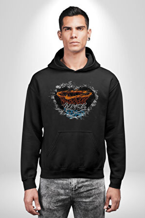 Basketbol Potası Bulutlu Siyah Kadın Erkek  Siyah Kapüşonlu Sweatshirt Hoodie