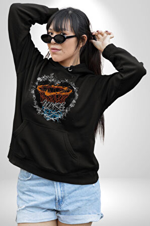 Basketbol Potası Bulutlu Siyah Kadın Erkek  Siyah Kapüşonlu Sweatshirt Hoodie