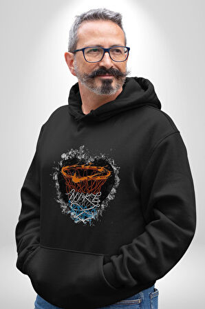 Basketbol Potası Bulutlu Siyah Kadın Erkek  Siyah Kapüşonlu Sweatshirt Hoodie