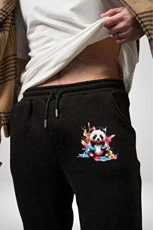 Renkli Yavru Panda  Pamuklu 3 İplik Siyah Eşofman Altı Erkek Oversize Kesim Dijital Baskılı