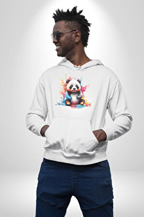 Renkli Yavru Panda  Kadın Erkek  Beyaz Kapüşonlu Sweatshirt Hoodie