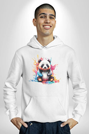 Renkli Yavru Panda  Kadın Erkek  Beyaz Kapüşonlu Sweatshirt Hoodie