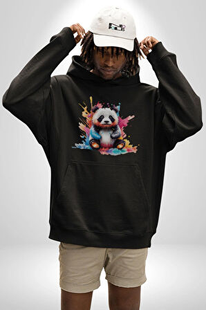 Renkli Yavru Panda  Kadın Erkek  Siyah Kapüşonlu Sweatshirt Hoodie