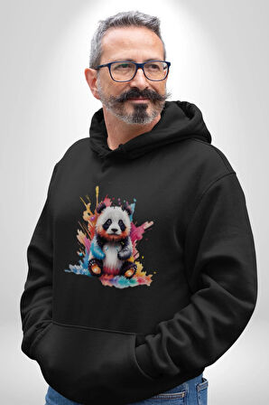 Renkli Yavru Panda  Kadın Erkek  Siyah Kapüşonlu Sweatshirt Hoodie