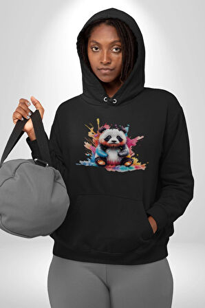 Renkli Yavru Panda  Kadın Erkek  Siyah Kapüşonlu Sweatshirt Hoodie